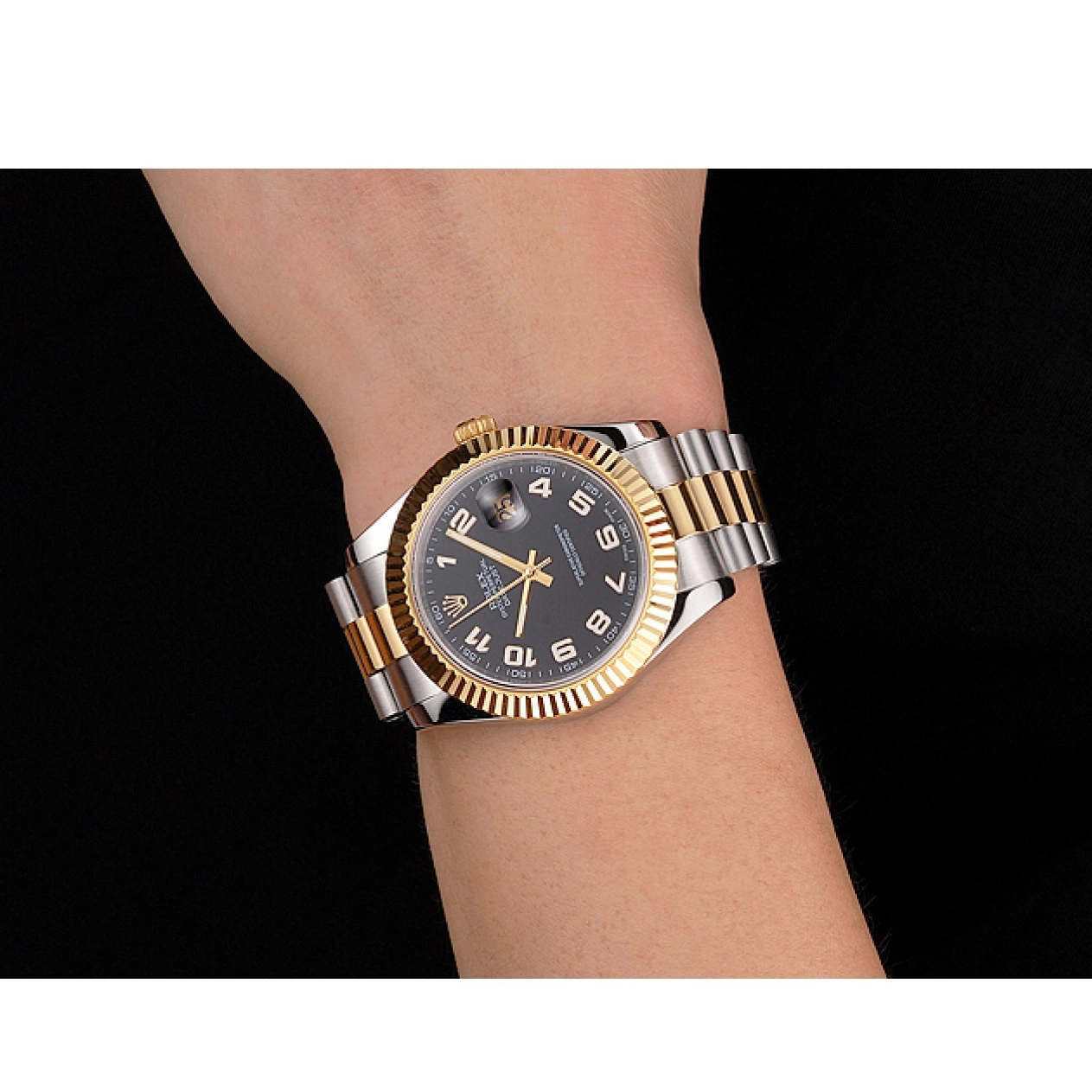 Aaa fake watches Gold Bezel Case Bracelet Swiss Tone Dial Steel Two Datejust Stainless Rolex Black 0825